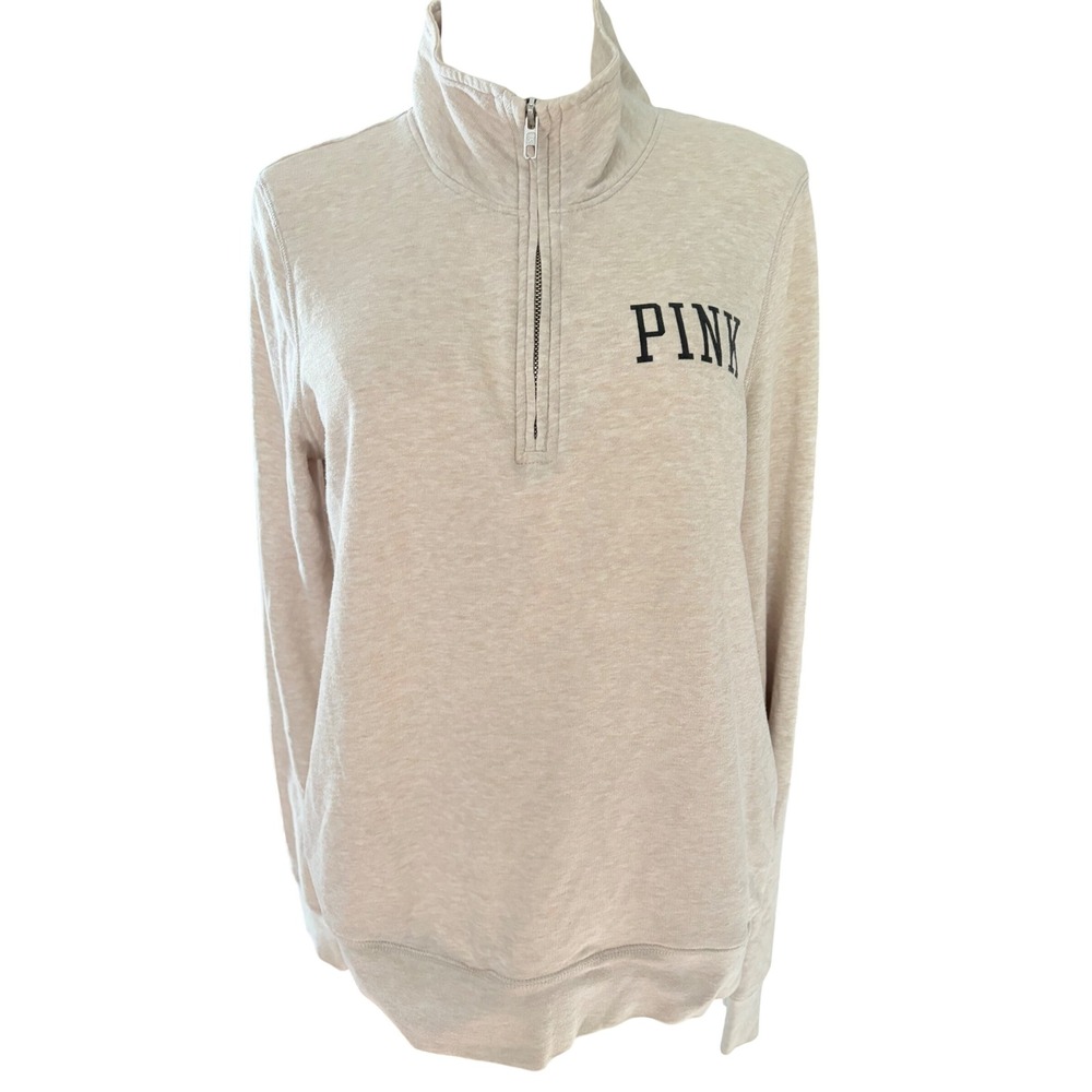 PINK Victoria's Secret Oatmeal Heather Quarter Zip Pullover Logo Sweatshirt S